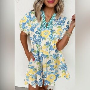 Fran- Floral Print Dress with Blue and Yellow Accents